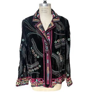 Coldwater Creek Vintage Black Velvet Colorful Embroidery Art Jacket  Size 1X